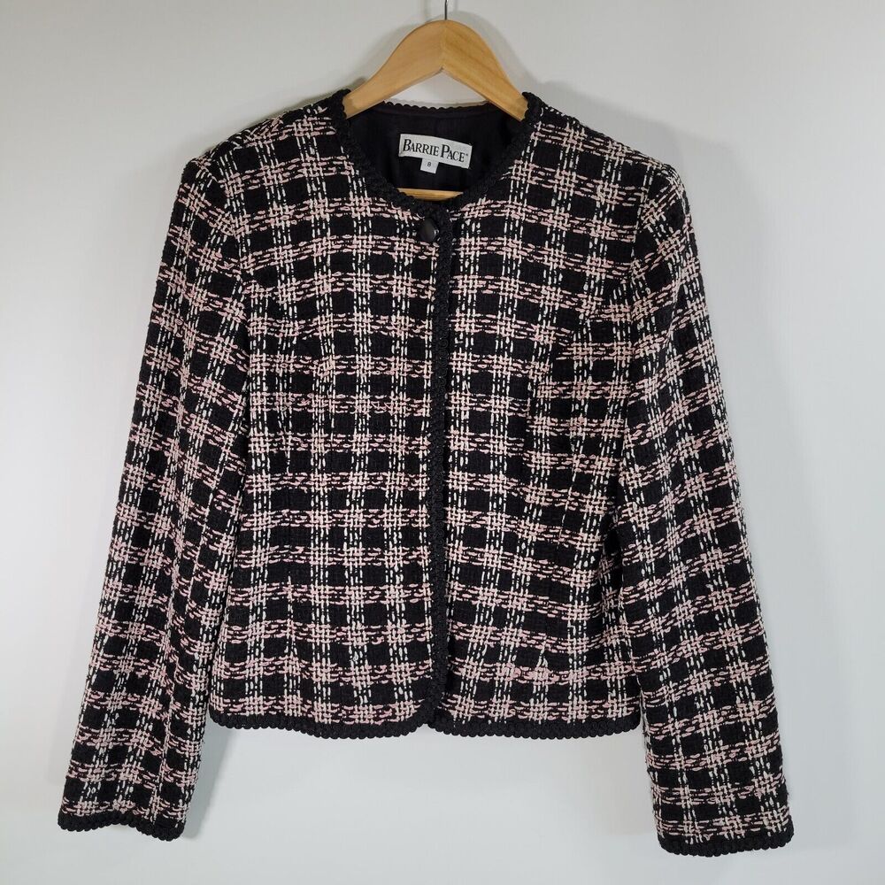 Vtg BARRIE PACE Pink Black Tweed Jacket Sz 8 Plaid One Button Lined Barbie Silk